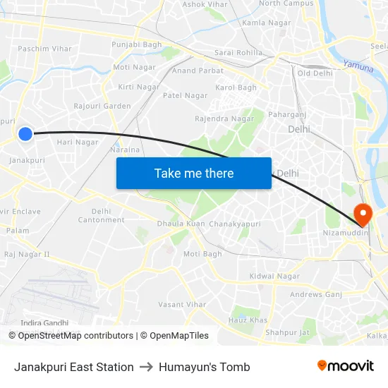 Janakpuri East Station to Humayun's Tomb map