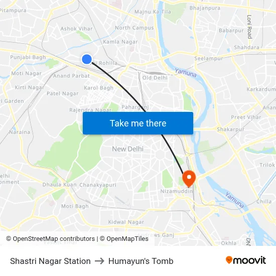 Shastri Nagar Station to Humayun's Tomb map