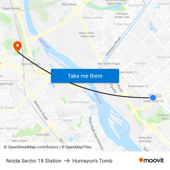 Noida Sector 18 Station to Humayun's Tomb map