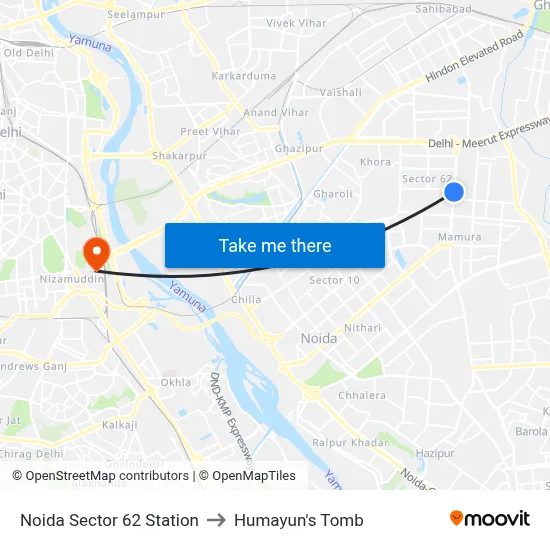 Noida Sector 62 Station to Humayun's Tomb map
