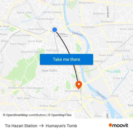 Tis Hazari Station to Humayun's Tomb map