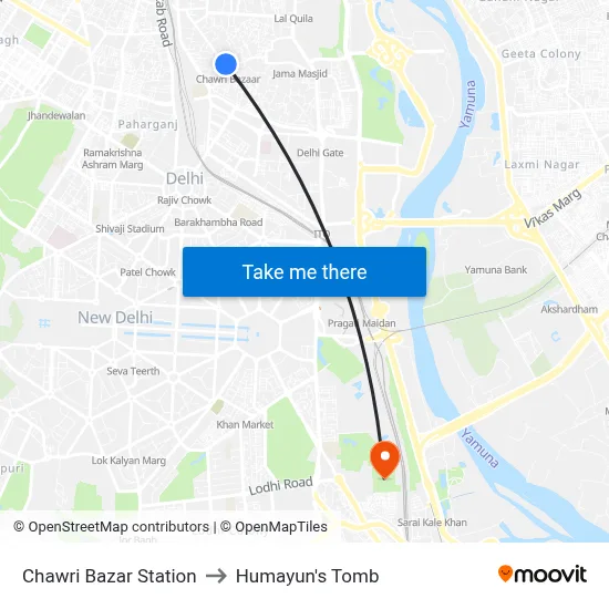 Chawri Bazar Station to Humayun's Tomb map