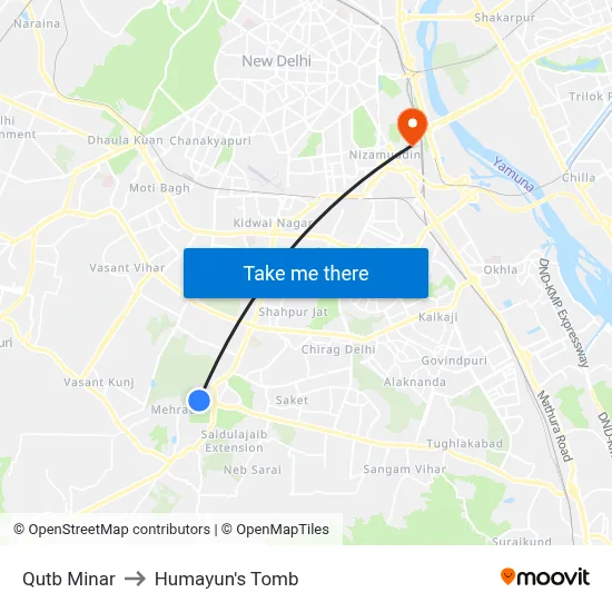 Qutb Minar to Humayun's Tomb map
