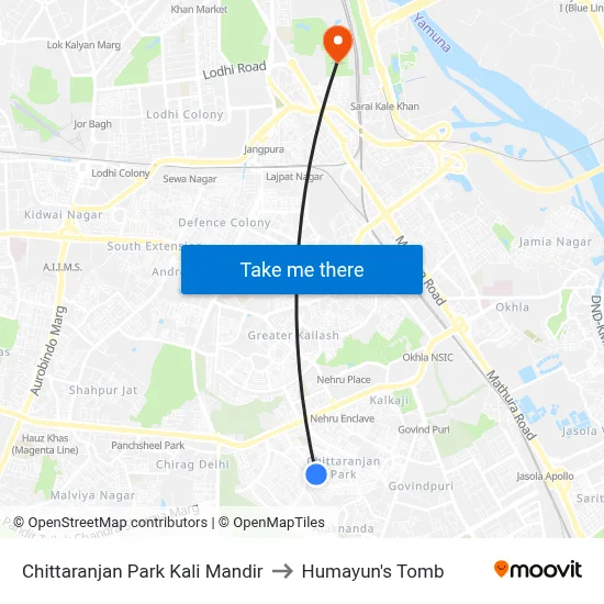 Chittaranjan Park Kali Mandir to Humayun's Tomb map