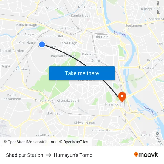 Shadipur Station to Humayun's Tomb map
