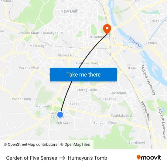 Garden of Five Senses to Humayun's Tomb map