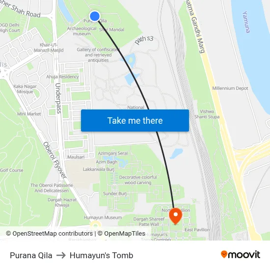 Purana Qila to Humayun's Tomb map