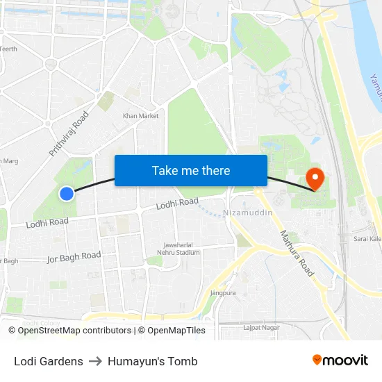 Lodi Gardens to Humayun's Tomb map