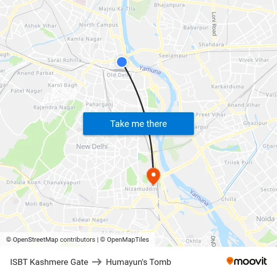 ISBT Kashmere Gate to Humayun's Tomb map