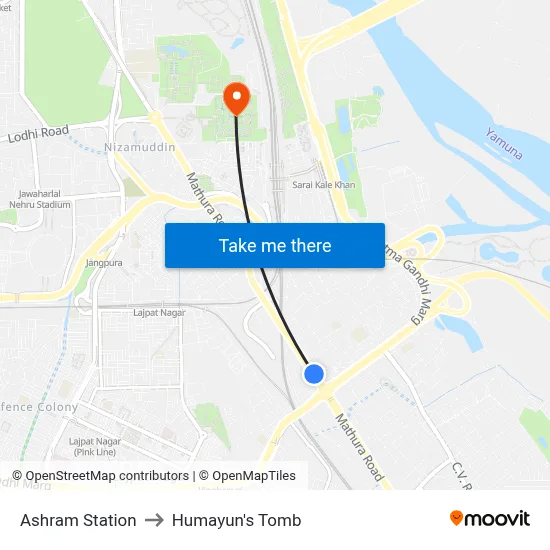 Ashram Station to Humayun's Tomb map