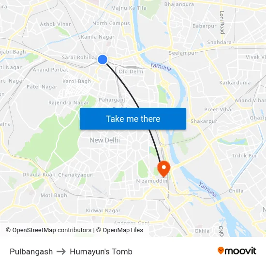 Pulbangash to Humayun's Tomb map