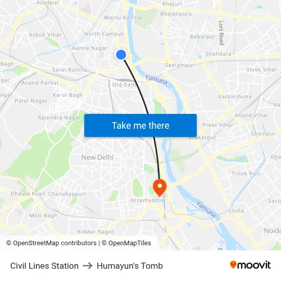 Civil Lines Station to Humayun's Tomb map