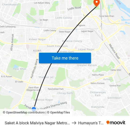 Saket A block Malviya Nagar Metro Station to Humayun's Tomb map