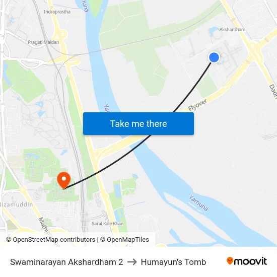 Swaminarayan Akshardham 2 to Humayun's Tomb map