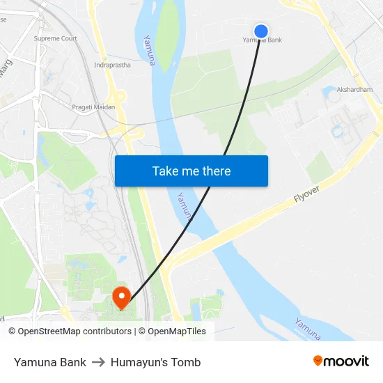 Yamuna Bank to Humayun's Tomb map