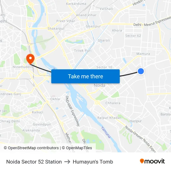 Noida Sector 52 Station to Humayun's Tomb map
