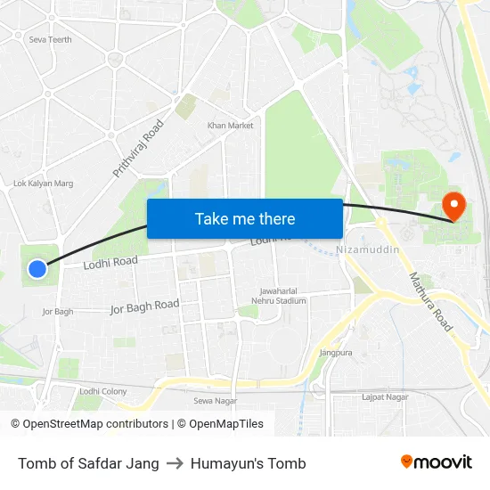 Tomb of Safdar Jang to Humayun's Tomb map