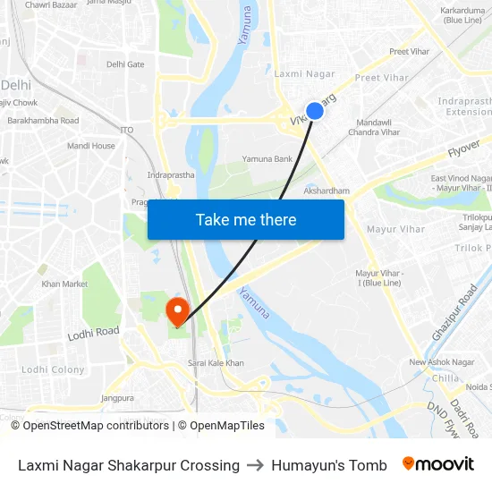 Laxmi Nagar Shakarpur Crossing to Humayun's Tomb map