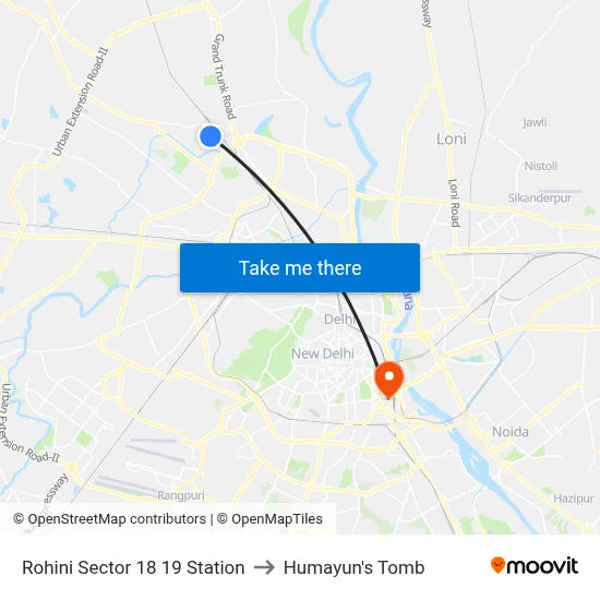 Rohini Sector 18 19 Station to Humayun's Tomb map
