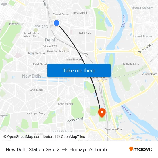 New Delhi Station Gate 2 to Humayun's Tomb map