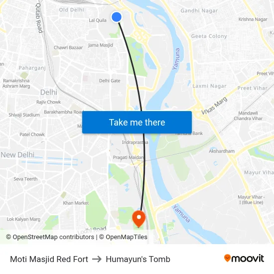 Moti Masjid Red Fort to Humayun's Tomb map
