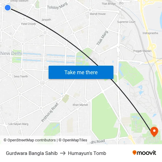 Gurdwara Bangla Sahib to Humayun's Tomb map