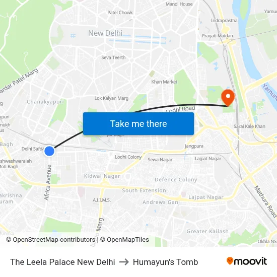 The Leela Palace New Delhi to Humayun's Tomb map