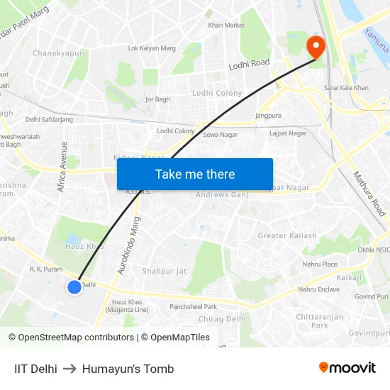 IIT Delhi to Humayun's Tomb map