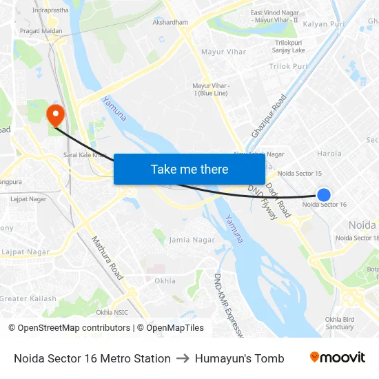 Noida Sector 16 Metro Station to Humayun's Tomb map