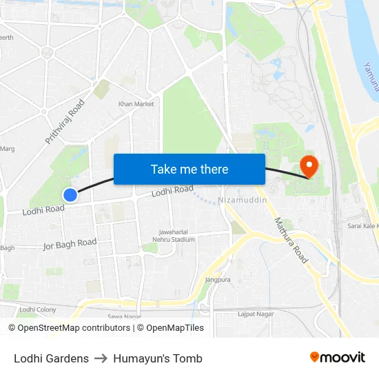 Lodhi Gardens to Humayun's Tomb map