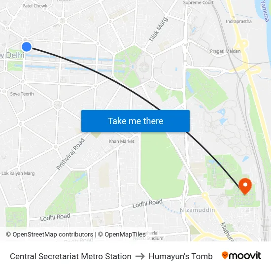 Central Secretariat Metro Station to Humayun's Tomb map