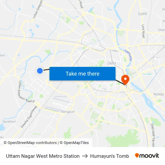 Uttam Nagar West Metro Station to Humayun's Tomb map