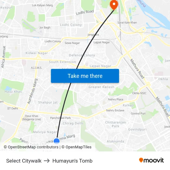 Select Citywalk to Humayun's Tomb map