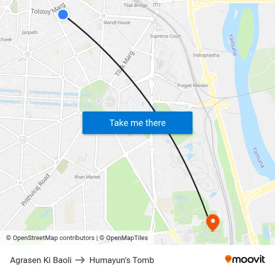 Agrasen Ki Baoli to Humayun's Tomb map