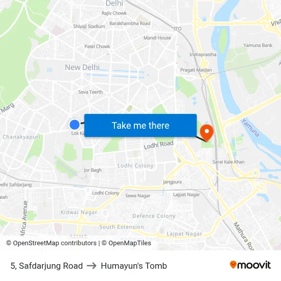 5, Safdarjung Road to Humayun's Tomb map