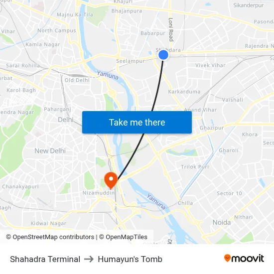 Shahadra Terminal to Humayun's Tomb map