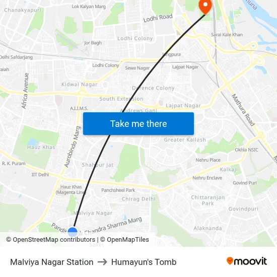 Malviya Nagar Station to Humayun's Tomb map