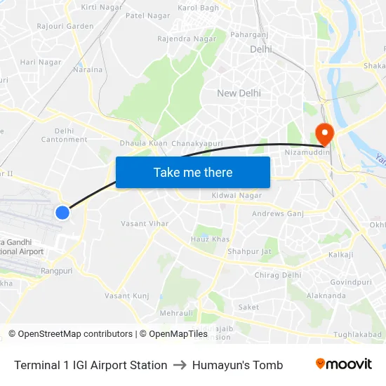 Terminal 1 IGI Airport Station to Humayun's Tomb map