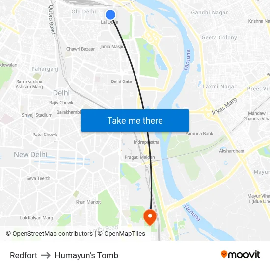 Redfort to Humayun's Tomb map