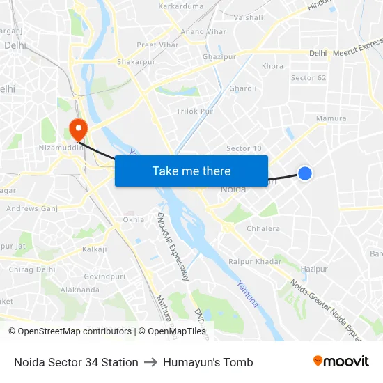 Noida Sector 34 Station to Humayun's Tomb map