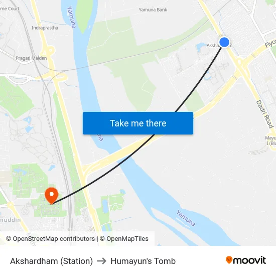 Akshardham (Station) to Humayun's Tomb map