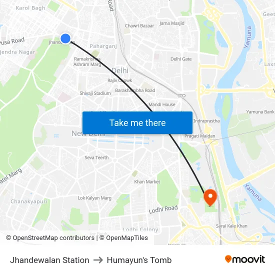 Jhandewalan Station to Humayun's Tomb map