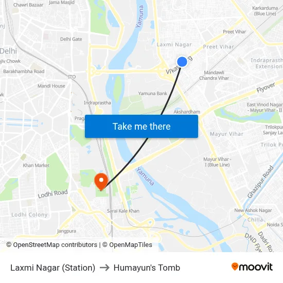 Laxmi Nagar (Station) to Humayun's Tomb map