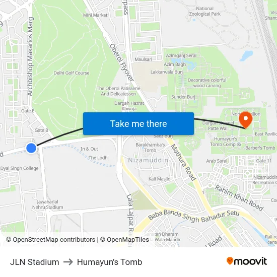 JLN Stadium to Humayun's Tomb map