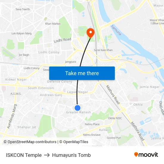ISKCON Temple to Humayun's Tomb map