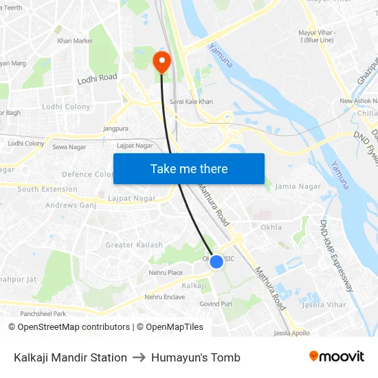 Kalkaji Mandir Station to Humayun's Tomb map