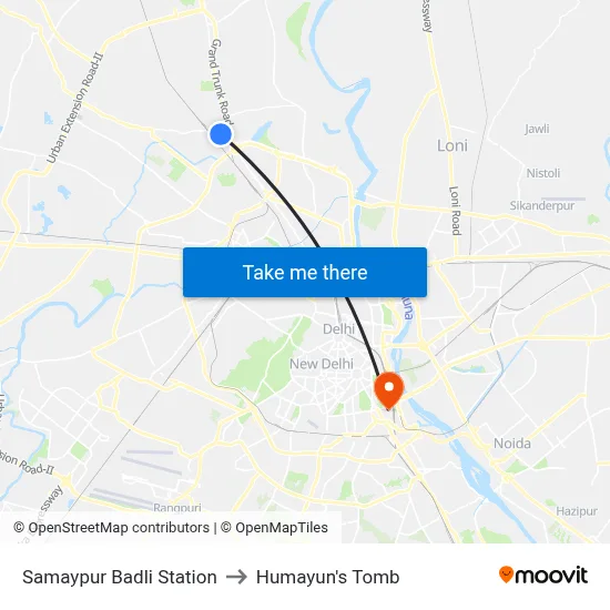 Samaypur Badli Station to Humayun's Tomb map
