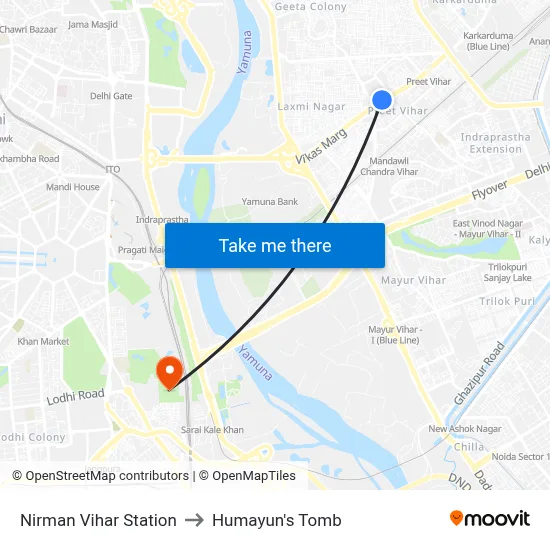 Nirman Vihar Station to Humayun's Tomb map