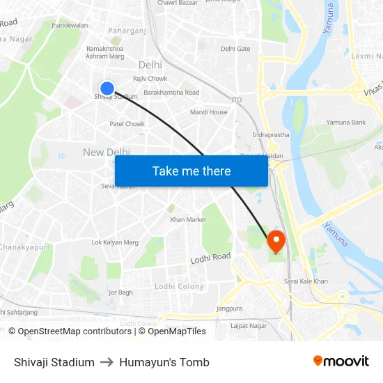 Shivaji Stadium to Humayun's Tomb map