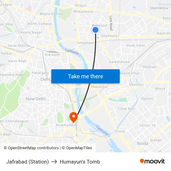 Jafrabad (Station) to Humayun's Tomb map